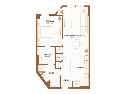 A floor plan of a house with a bedroom, living/dining room, kitchen, bath, and entry.